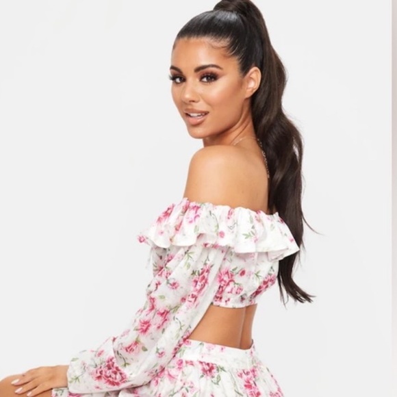 NWT Pink Floral Satin Puff Sleeve Bardot Crop Top - Picture 3 of 5